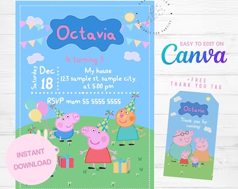 Peppa Pig Invitation, Peppa pig birthday invitation, Peppa pig party, Peppa pig thank you tag, Peppa pig