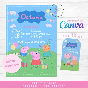 Peppa Pig Invitation, Peppa pig birthday invitation, Peppa pig party, Peppa pig thank you tag, Peppa pig