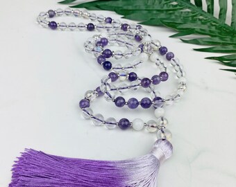 108 Bead Mala Crystal Necklace with Amethyst and Moonstone