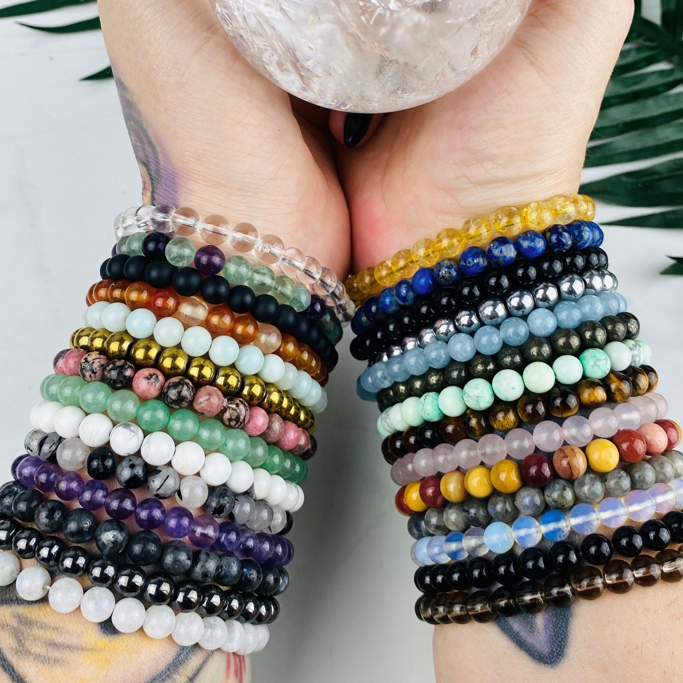 EACHAR 12Pcs 6MM/8MM Round Natural Stone Bracelets Beads Healing Crystals  Quartz Y2K Stretch Bracelets for Women Men Girls Gifts Unisex (BE000002-2)