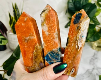 Blue Apatite with Orange Calcite Crystal Towers