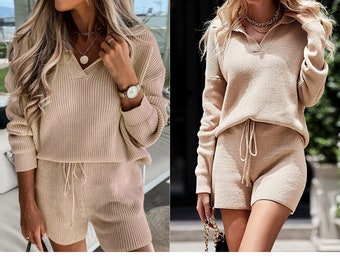 On.Rack | V Neck Knitted Long Sleeve Sweater Top Drawstring Comfy Sweater Shorts Women Casual Two Piece Set- SAMPLE SALE (SMALL)