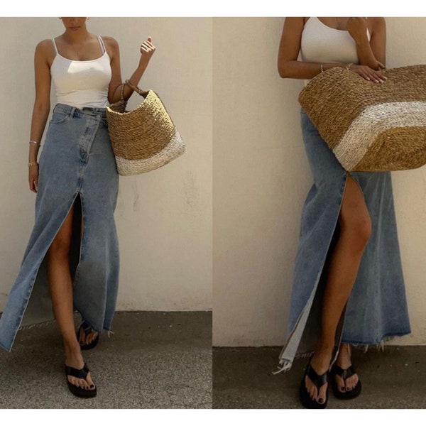 On.Rack | Long High Waisted Vintage Wrapped Look Denim Midi Maxi Skirt with Slit- 100% cotton