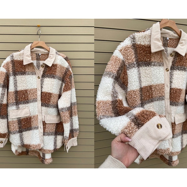 On.Rack | Plaid Lamb Fur Wool Feel Stitching with Corduroy Detail Coat Jacket / Shacket