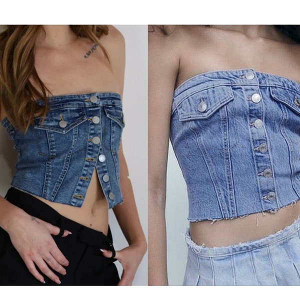 On.Rack | Denim Corset Cropped Tube Top with Button Down and Elastic Back