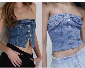 On.Rack | Denim Corset Cropped Tube Top with Button Down and Elastic Back