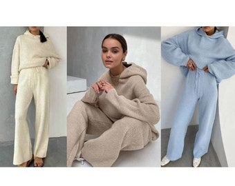 On.Rack | Cozy Knitted Loose Oversized Sweater Hoodie and Pants Lounge Wear Two-Piece SET