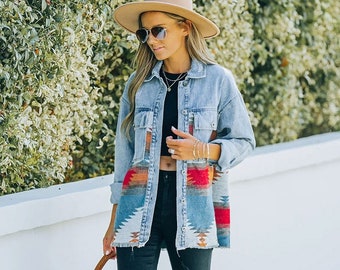 On.Rack | Aztec Print Lapel Pocket Denim Jacket