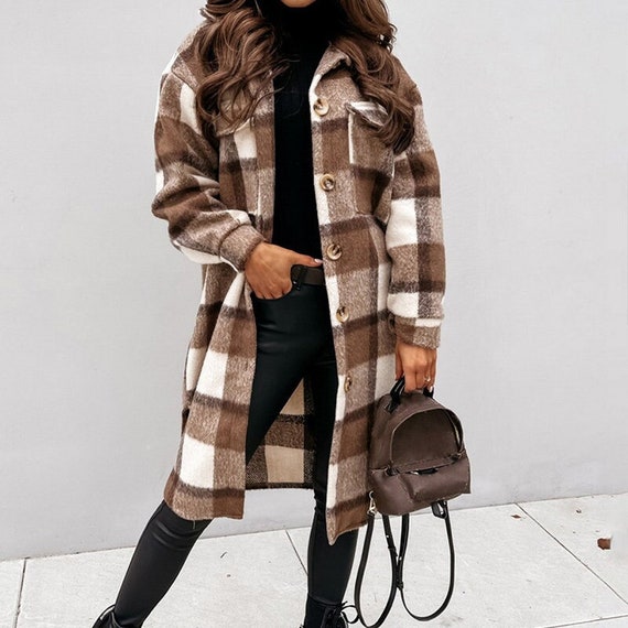 On Rack Elegant Plaid Loose Pocket Long Set Coat Women New Zealand Loose Pocket Long Set Coat Women, H M Winter Coats Nz
