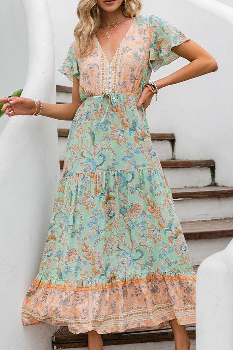 On.Rack Boho Bohemian Paisley Flowy Floral Maxi Dress with Waist Cinch Tie image 5