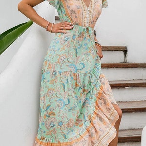 On.Rack Boho Bohemian Paisley Flowy Floral Maxi Dress with Waist Cinch Tie Mint