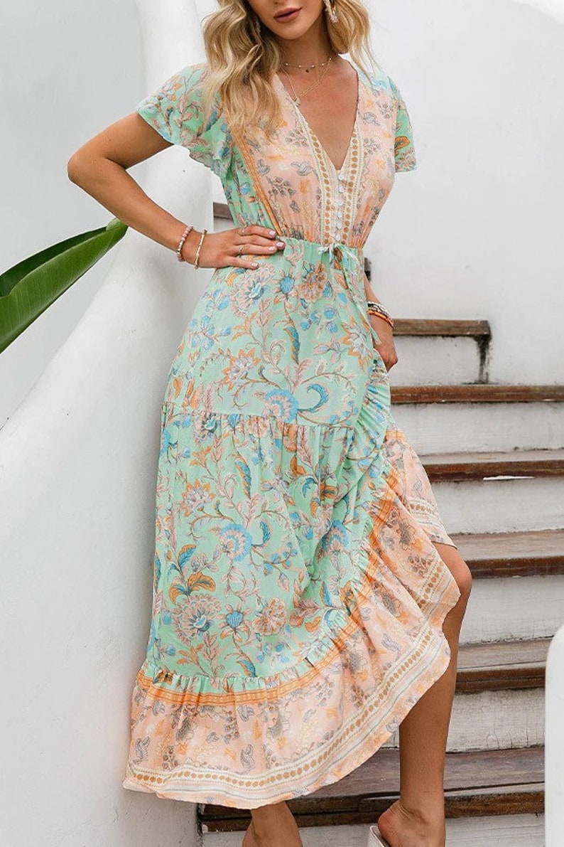 On.Rack Boho Bohemian Paisley Flowy Floral Maxi Dress with Waist Cinch Tie Mint