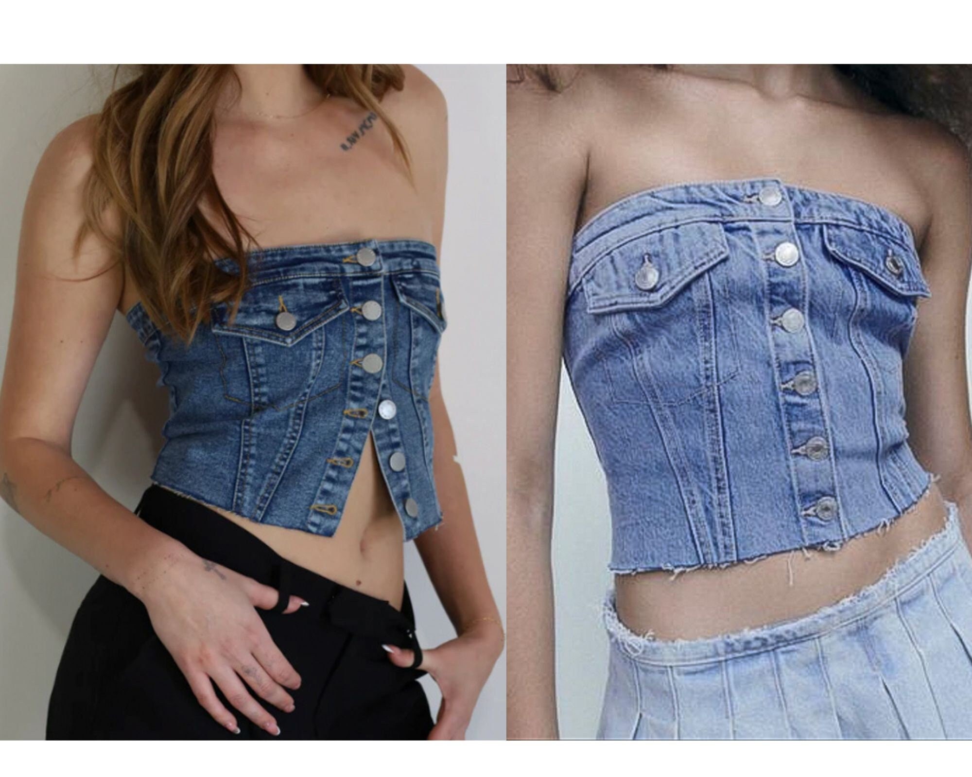 Women Button Down Denim Bustier Crop Strapless Jeans Corset Backless Push  Up Tank Tops Vintage Streetwear 