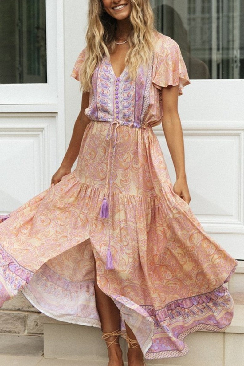 On.Rack Boho Bohemian Paisley Flowy Floral Maxi Dress with Waist Cinch Tie image 9