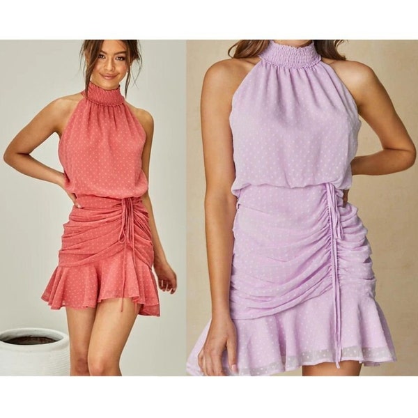 On.Rack | Halter High Neck Ruched Drawstring Ruffled Hem Bottom Lined Chiffon Dress