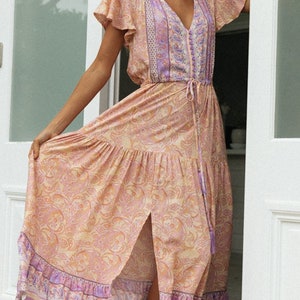 On.Rack Boho Bohemian Paisley Flowy Floral Maxi Dress with Waist Cinch Tie Peach