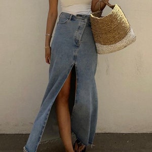 On.rack Long High Waisted Vintage Wrapped Look Denim Midi Maxi Skirt ...