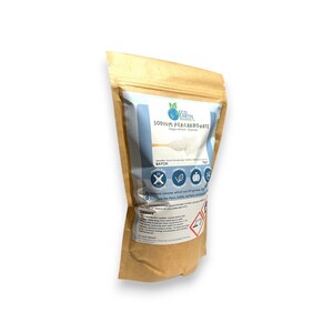 May include: A brown paper bag of Eco Earth Revel Sodium Percarbonate. The bag has a blue and white label with the product name and a graphic of a scoop of powder. The bag also has icons and text indicating the product's features and warnings.