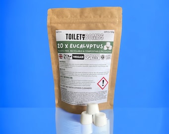 Eucalyptus Toilet Refresher Bombs | 20 Per Pack | Eco-Friendly | Toilet Cleaner Fizzies | Compostable Pouch