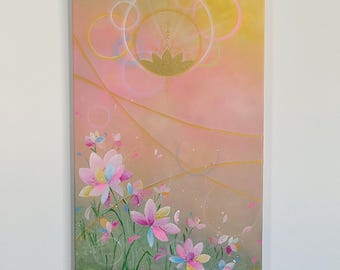Pintura original em tela "Energia de Lótus" - Pintura Espiritual da Luz Dourada