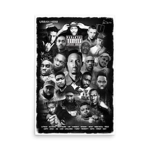 Può includere: Poster in bianco e nero con un collage di ritratti di varie persone. Il poster include il testo "URBAN HERB LEGENDS OF GRIME" e "PARENTAL ADVISORY EXPLICIT CONTENT". I nomi sono elencati in basso.