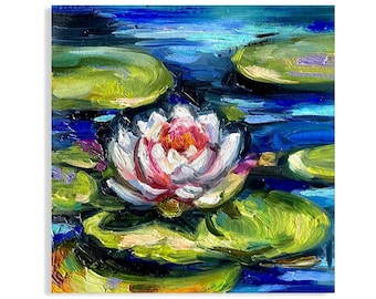 May include: A white water lily with a pink center blooms in a pond with green lily pads and blue water. The painting is done in a loose, impressionistic style.