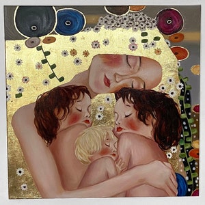 Original Oil Painting, Handmade with Gold Leaf, Inspired by Gustav Klimt's "Mother and Child" - a Unique Gift for any Occasion