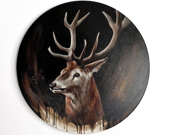 Majestic Portrait of a Deer: a unique oil painting on a round canvas. The painting of the deer is original artwork. It depicts an animal.