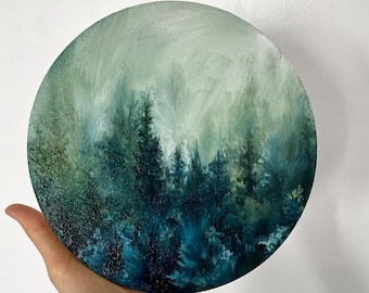 Original oil painting, forest landscape, trees, woodland greenery, oak, pine, fog, Washington, Pacific Northwest