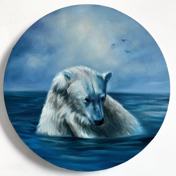 Polar Bear in the Ocean" Oil Painting Wildlife Wall Art Animal Painting On Circular Canvas Wildlife Wall Decor Art Gift 12-in Diameter