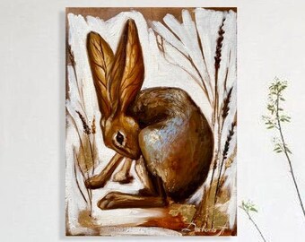 Original Rabbit Oil Painting with Gold Leaf - Custom Bunny Art