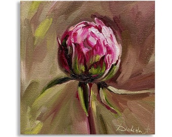 Pink Peony Oil Painting: Modern Floral Wall Art, 8x8 Canvas