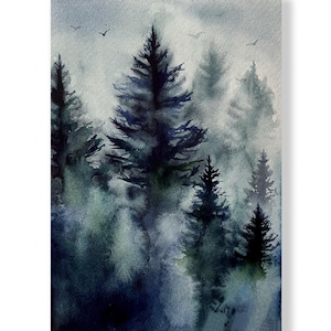 Acquerello dipinto di foresta, stampa artistica neutra, poster di foresta, stampa di paesaggio di alberi e foresta verde, abete rosso, pino, foresta nebbiosa