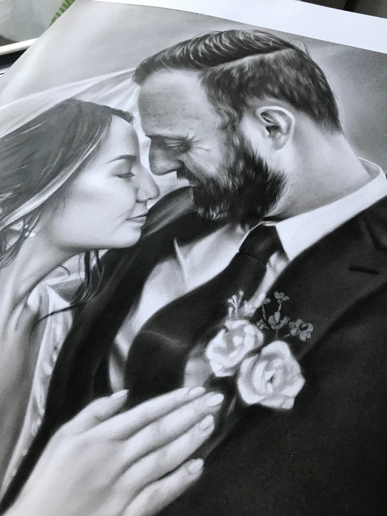 Custom Charcoal Wedding Portrait, Handmade Painting from Photo image 7