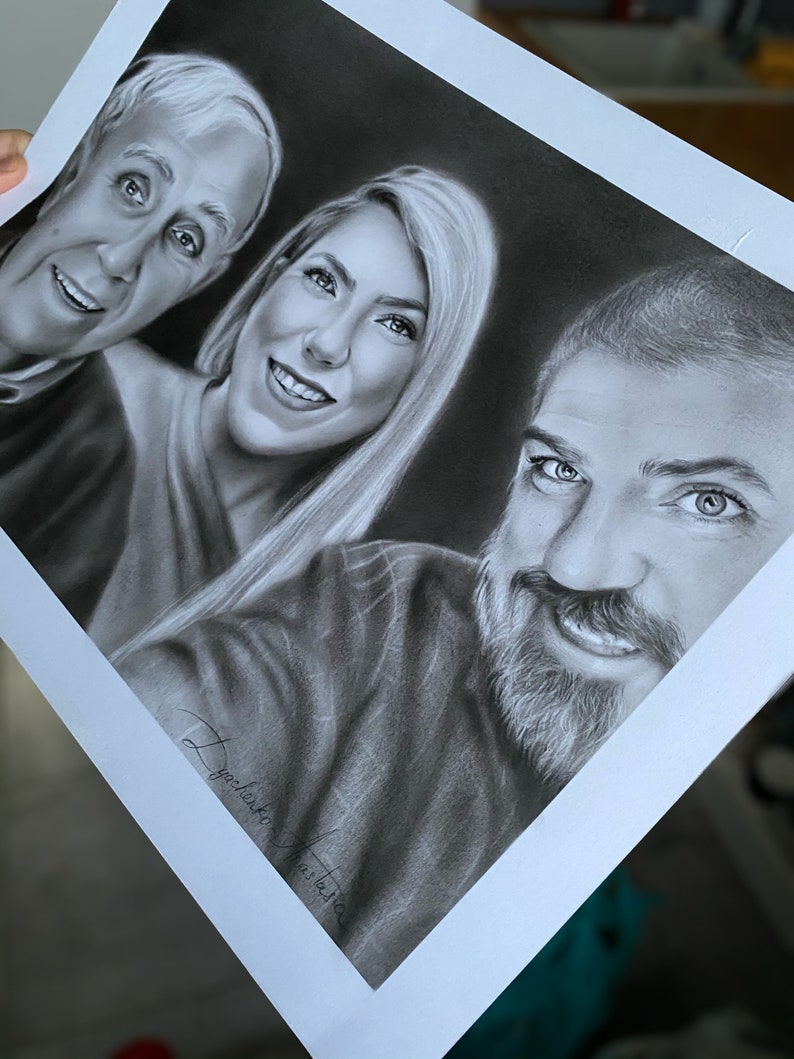 May include: A black and white pencil drawing of three people. The drawing is signed "J.Gonzalez Art Studio".