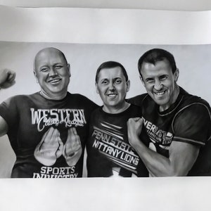 May include: Black and white drawing of three men smiling and posing for a photo. The man on the left is wearing a black t-shirt with the text "Western College League" and "Sports Industry". The man in the middle is wearing a black t-shirt with the text "Penn State Nittany Lions". The man on the right is wearing a black t-shirt with the text "Everlast" and "Compete Live Train".