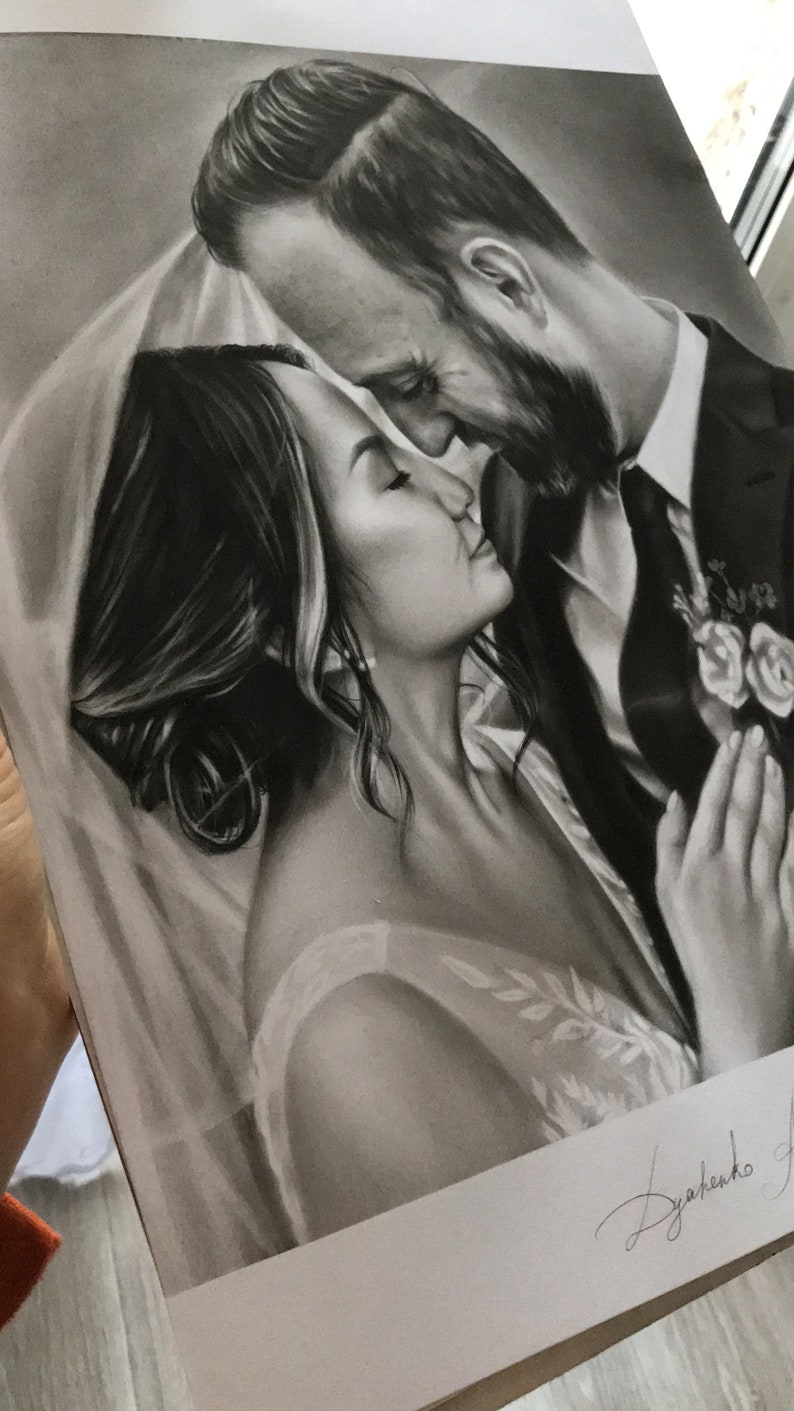 Custom Charcoal Wedding Portrait, Handmade Painting from Photo image 2