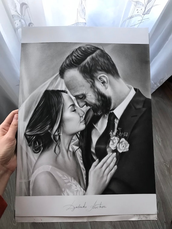 Custom Charcoal Wedding Portrait, Handmade Painting from Photo