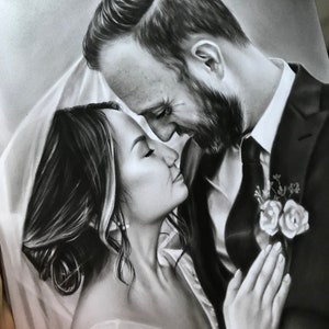May include: A black and white drawing of a couple in a wedding setting. The bride is wearing a white dress and veil, and the groom is wearing a suit. They are looking at each other with love and affection.