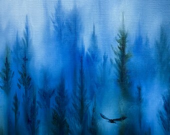 Bosque brumoso pintura al óleo paisaje arte de la pared tonos azules pájaro volando sobre el bosque naturaleza obra de arte regalo