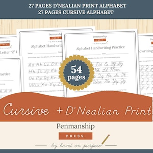 May include: A collection of 54 pages of handwriting practice worksheets featuring D'Nealian print and cursive alphabet styles. The pages include the Penmanship Press logo, name and date fields, and instructional text for tracing letters.