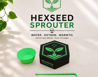 May include: A Hexseed Sprouter kit featuring a black hexagonal container with a green sprout logo, a small bright green bowl, and a pair of bright green tongs. The text reads HEXSEED SPROUTER, WATER. OXYGEN. WARMTH. Germinate Better. Grow Stronger.