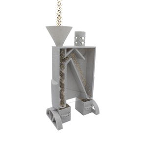 May include: A gray, 3D-printed mechanical device with a funnel at the top, a series of internal pathways, and two collection bins at the bottom. Small, round objects are shown flowing through the device, illustrating its function. The design is geometric and modern.