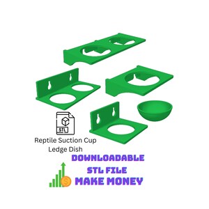 May include: 3D printable STL file design for a reptile suction cup ledge dish. The design includes a single, double, and triple dish holder, as well as a separate dish. The design is green.