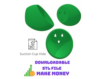 May include: Green suction cup hide design, shown in three views. The text "Suction Cup Hide" is below an STL file icon. The words "Downloadable STL File Make Money" are in purple and blue text, with a graphic of a rising bar graph and a gold coin.