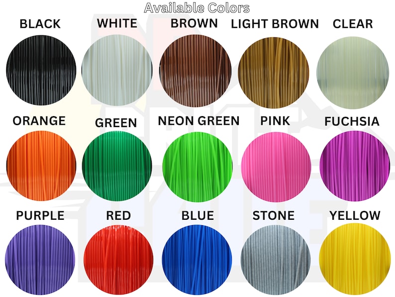 May include: A chart displaying 15 different colours of filament for 3D printing. The colours include black, white, brown, light brown, clear, orange, green, neon green, pink, fuchsia, purple, red, blue, stone, and yellow.