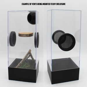 May include: Two clear plastic enclosures with black bases. The enclosure on the left has a wooden platform, a black vent, and a black cap. The enclosure on the right has two black vents, one with a mesh screen.  "EXAMPLE OF VENTS BEING MOUNTED TO DIY ENCLOSURE" is printed at the top of the image.
