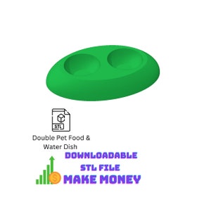 Op de afbeelding: Een 3D-printbaar model van een groene dubbele voer- en waterbak voor huisdieren. Het STL-bestand is te downloaden. Verdien geld door dit ontwerp te verkopen.