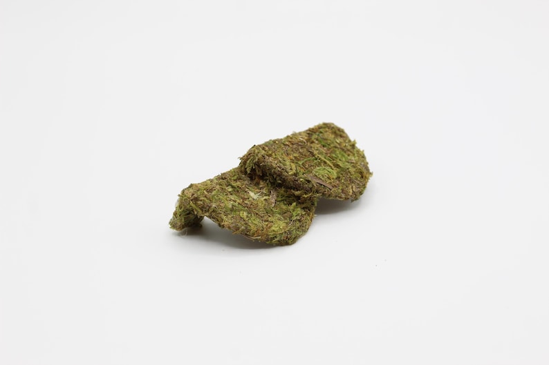 May include: Two pieces of preserved moss, in shades of green and brown, rest on a white background. The moss appears textured and natural, suggesting its use in crafts or decorative arrangements. The pieces are irregularly shaped.