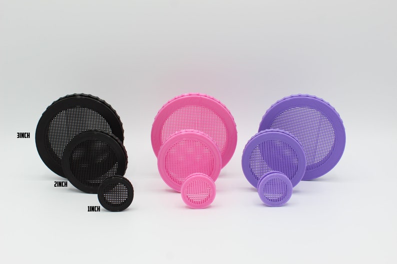 May include: Three sets of round, mesh-covered lids in black, pink, and purple. Each set includes three lids in different sizes: 1 inch, 2 inches, and 3 inches.
